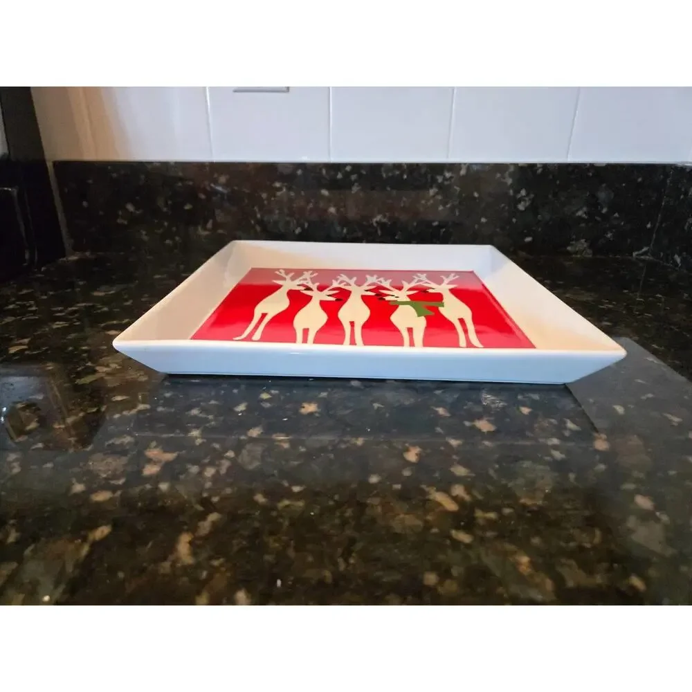 Crate & Barrel Festive Reindeer Square Serving Tray